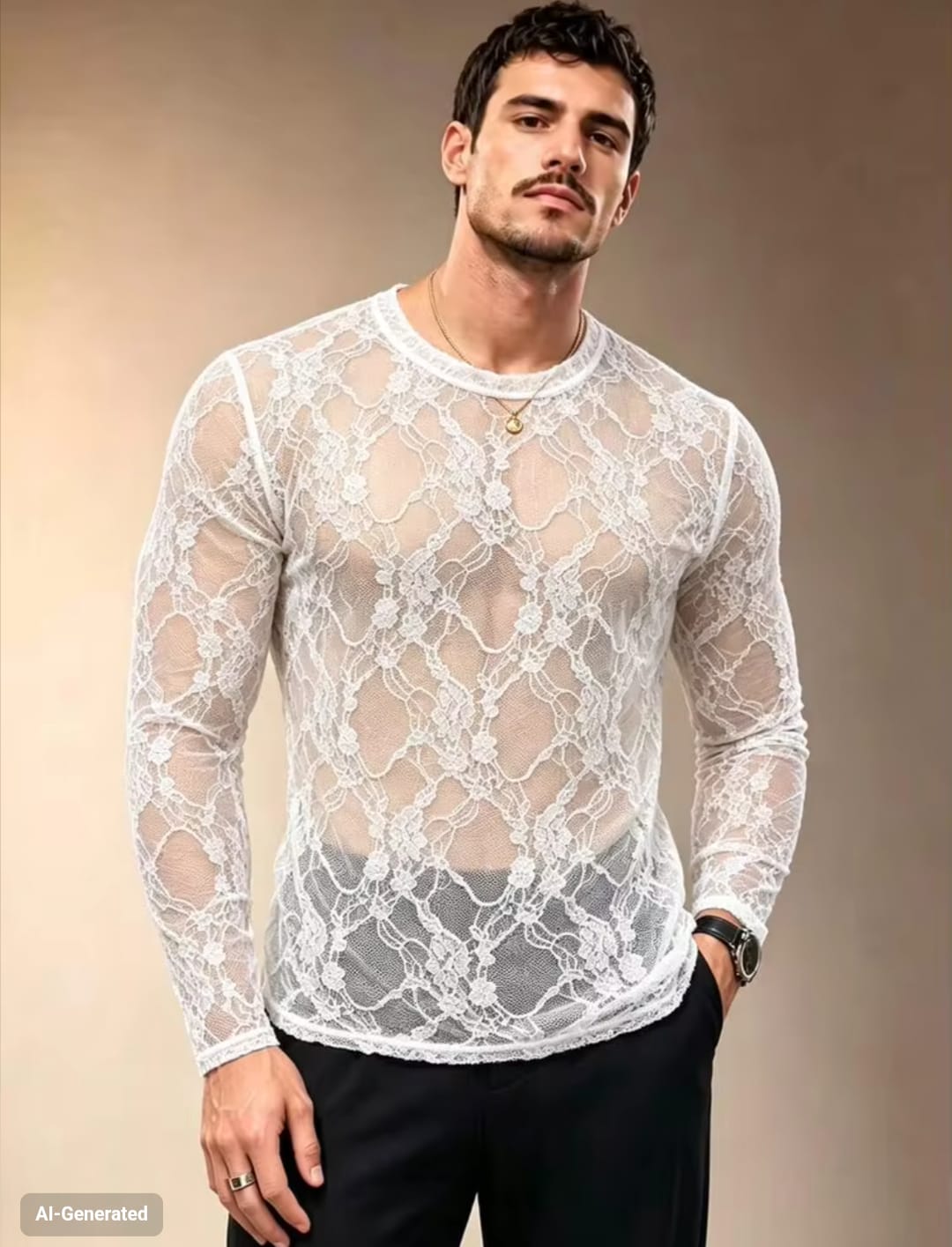 Men's High-Stretch Sheer Floral Lace Crewneck Long Sleeve Fitted T-Shirt